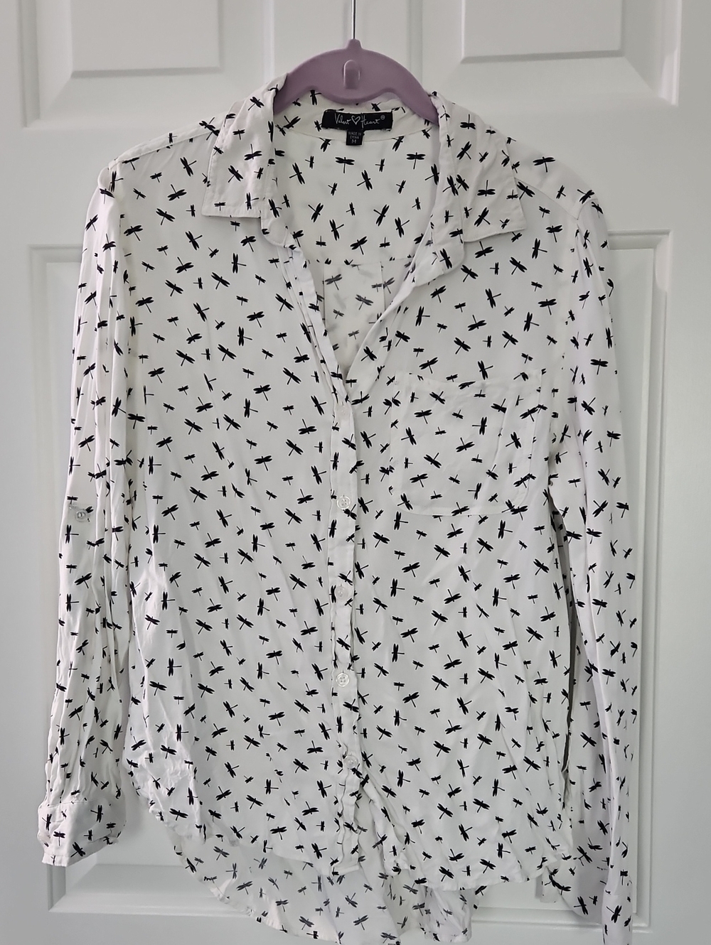 Velvet Heart White Button-Down Blouse with Black Dragonfly Print